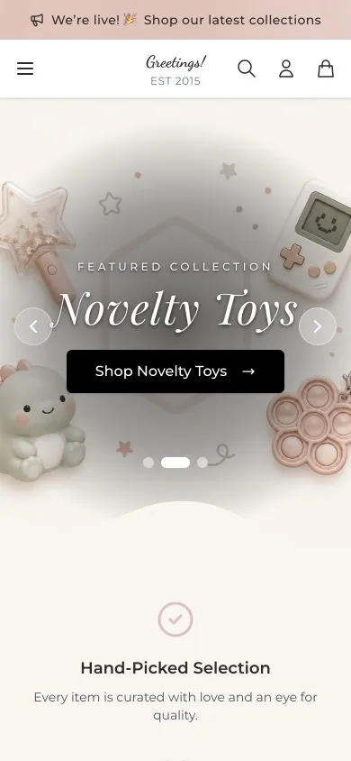 The Greetings! shop on a phone, showing pink squishies and softies.