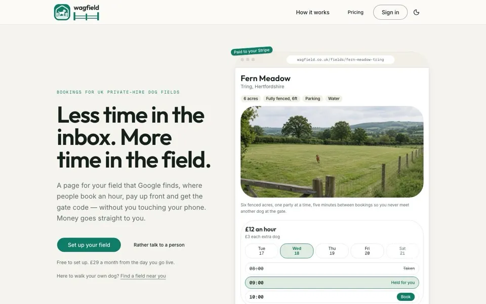 The wagfield website: a private dog-walking field with times to book, in deep green on off-white.